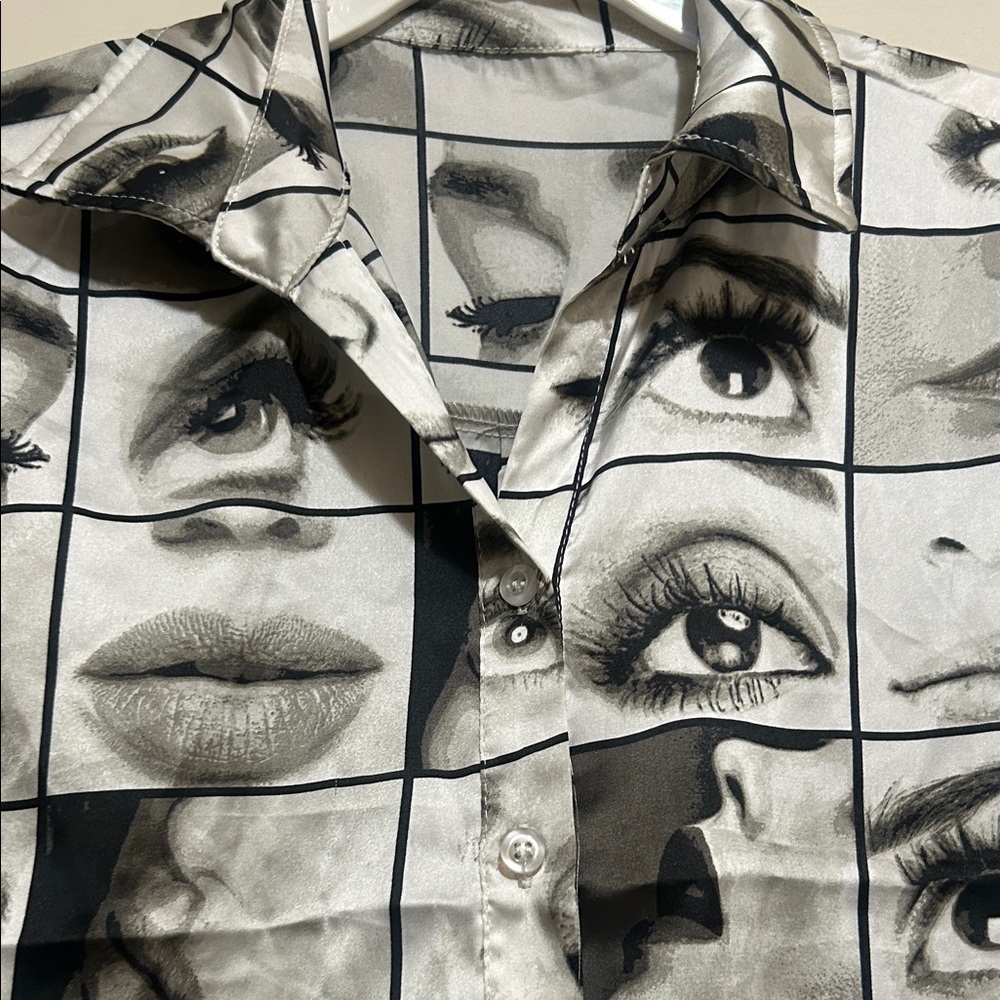 Black and White Face Eyes Print LS Artsy Shirt blouse